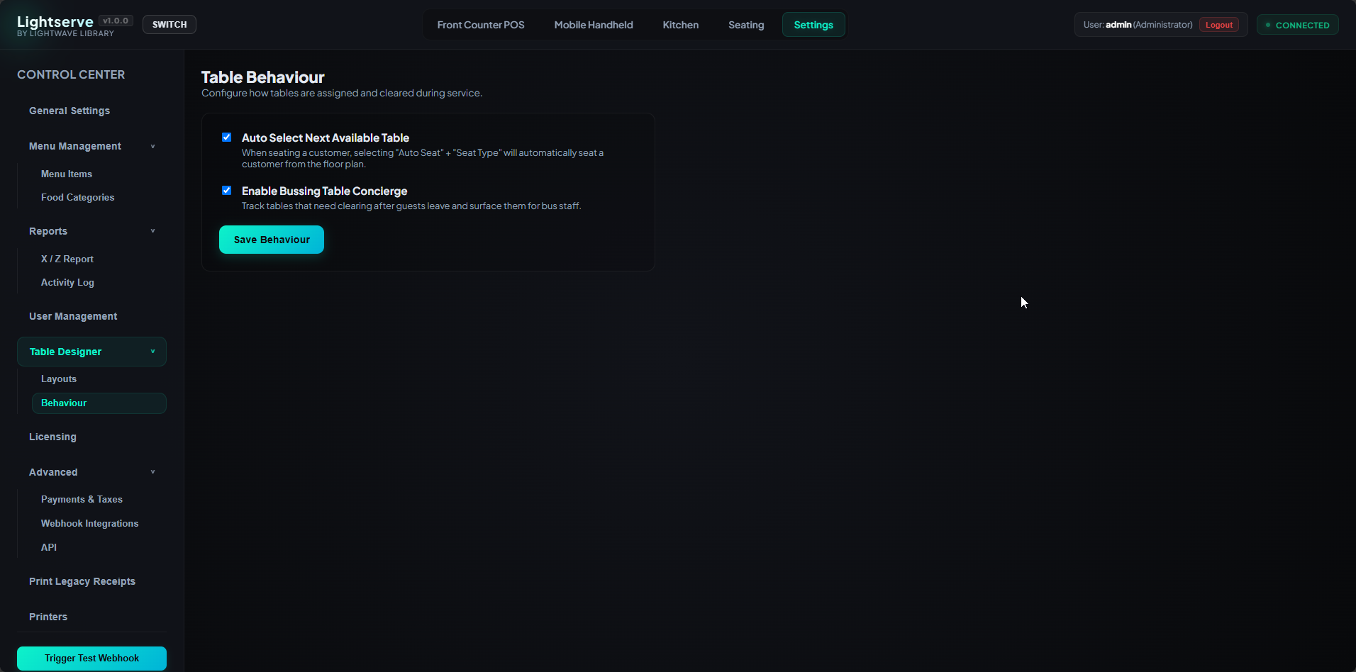 Lightserve Table Behaviour settings for auto-seat and bussing